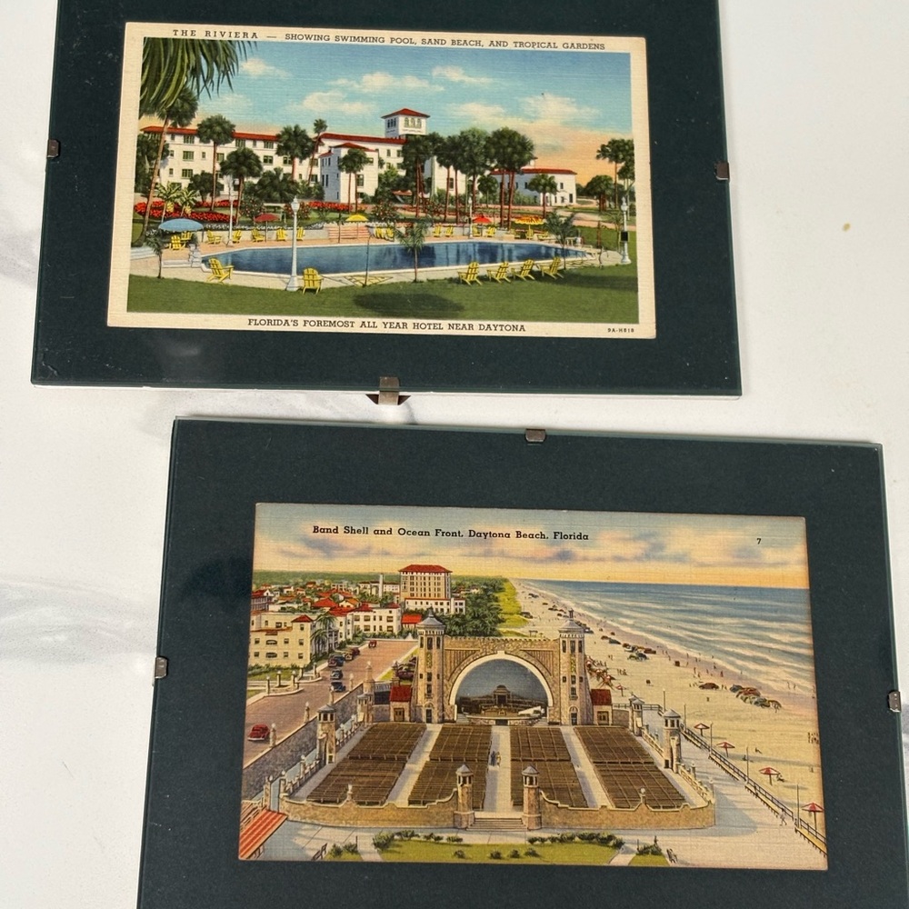 Vintage Daytona Beach Postcard Pair in Dark Teal matting! Glass front.
